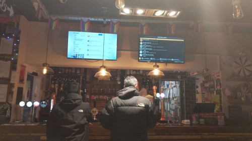 Interior of Six Barrels, Nottingham. Two men stood at the bar, there are two screens above highlighting beer choices